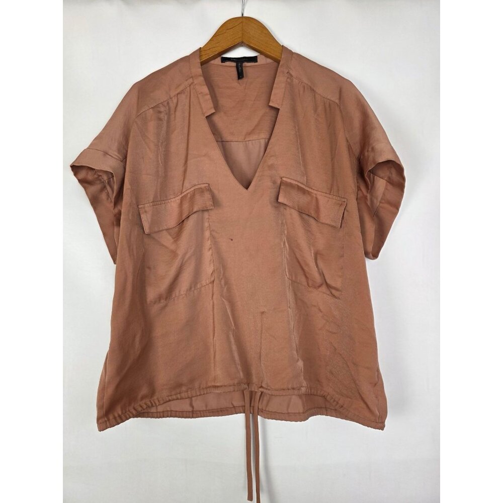 BCBG Max Azria Apricot Short Sleeve V-Neck Top Drawstring Hem Pockets M